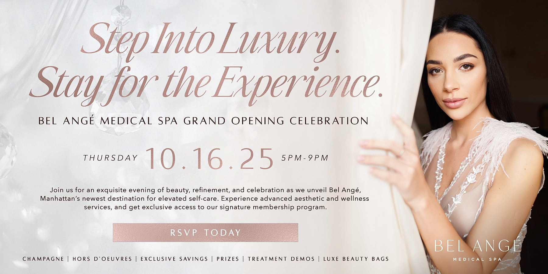 Medical spa grand opening event invitation graphic.